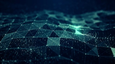 摘要Plexus数字蓝色波三角剖分在数字蓝色波上形成流动的小颗粒，在波浪和光抽象背景上舞蹈运动。网络或技术背景。