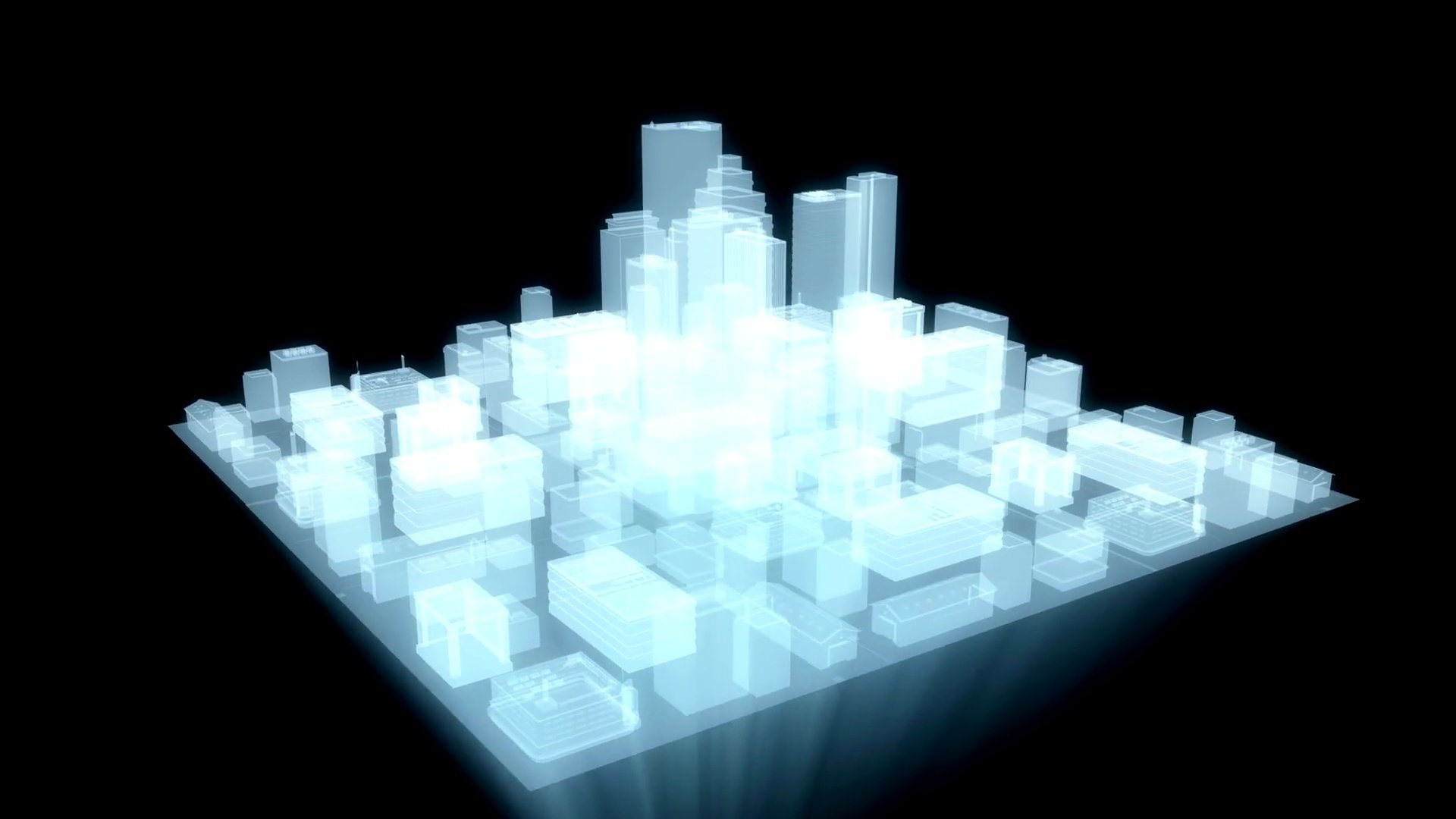 黑色背景下的未来城市全息图。3D建筑，科技风格的摩天大楼。