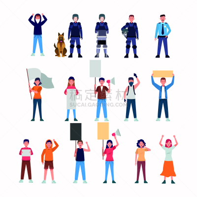 警官,人,狗,人群,有序,自由,女人,市场营销,活动家,绘画插图