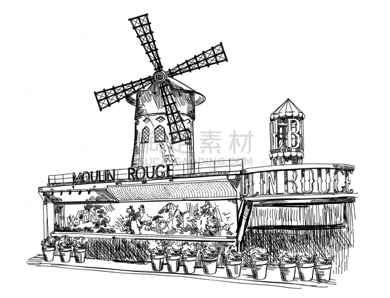 红磨坊,巴黎,分离着色,轮廓,白色,欧洲,国际著名景点,蒙马特区,法国,铅笔
