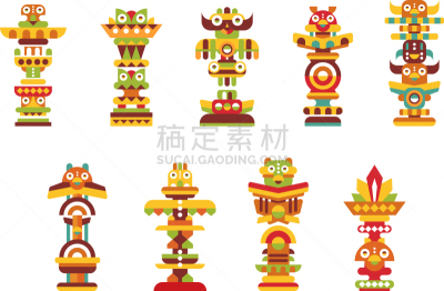 传统,图腾柱,多色的,面具,人种,动物,鸟类,布置