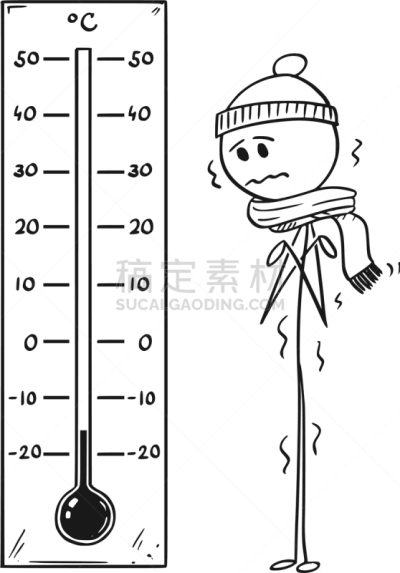 冷,温度计,看,男人,巨大的,动画片,测量工具,环境,霜,天气