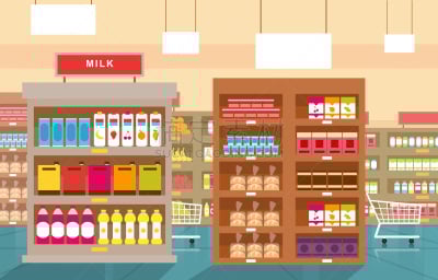 食品杂货,绘画插图,超级市场,架子,商店,购物中心,平坦的,饮料,蔬菜,商务