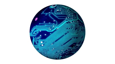 电路板球体旋转隔离在白色背景上，概念地球的电子未来