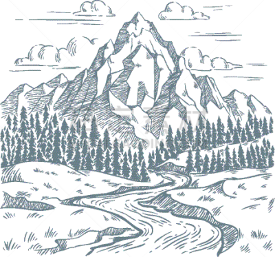 山,河流,户外,雕刻图像,石头,水,草,旅行,复古