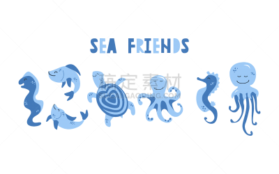 绘画插图,海马,章鱼,水母,鱼类,矢量,海鳗,海龟,可爱的,舞台