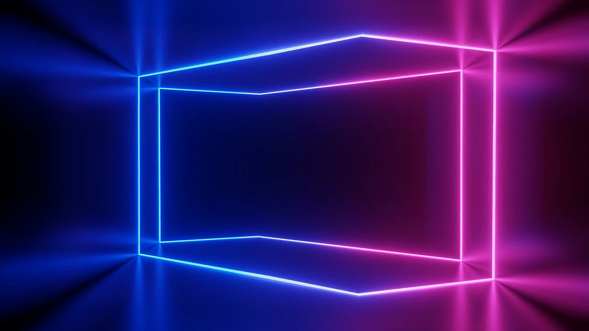 3d rendering. Seamless visualization of the transformation of a geometric figure or cube in a long tunnel in a neon glow of blue and ultraviolet colors