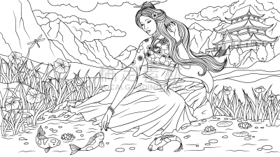 自然美,湖,艺妓,传统,和服,肖像,女人,头发,复古,绘制