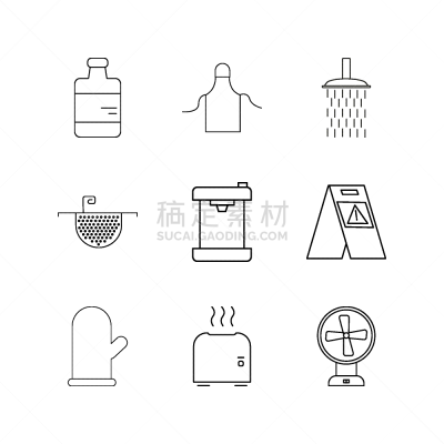 轮廓,直的,用具,图标集,咖啡,烤炉手套,图像,滤器,多士炉,淋浴
