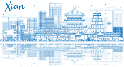 轮廓,西安,城市天际线,蓝色,建筑外部,亚洲,旅途,商务,人,房屋