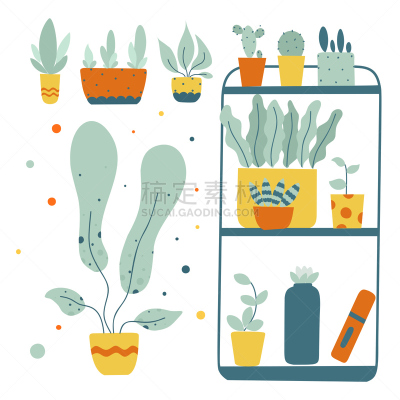 抽象,绿色,绘画插图,矢量,植物群,盆栽植物,平坦的,可爱的,清新,背景分离