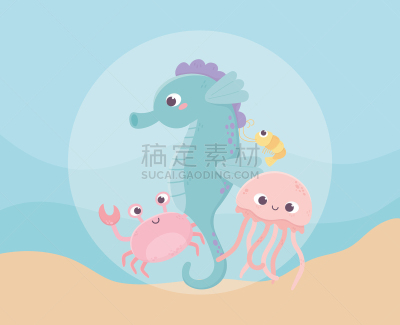 在下面,卡通,虾,沙子,海马,水母,海洋,螃蟹,新生活