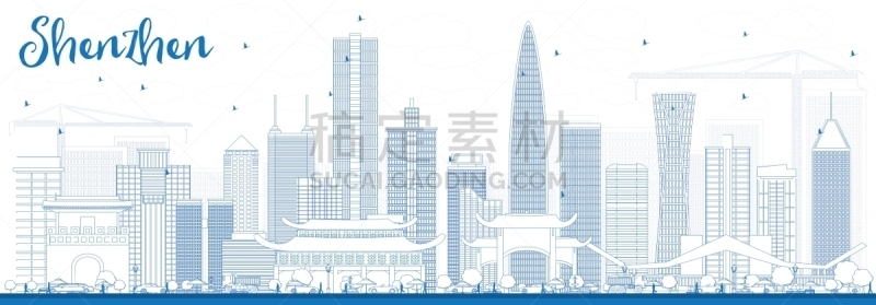 深圳,轮廓,城市天际线,蓝色,建筑外部,鸟类,亚洲,旅途,商务,人