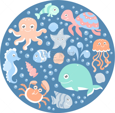 可爱的,海洋生命,海洋,圆形,图像,水母,鲸,海马,海星,动物