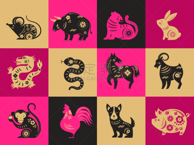 矢量,春节,绘画插图,符号,哑语,十二生肖,狗,猪,动物,中国