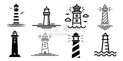 灯塔楼,平坦的,图标集,矢量,极简构图,线条,轮廓,商务,品牌名称,天空