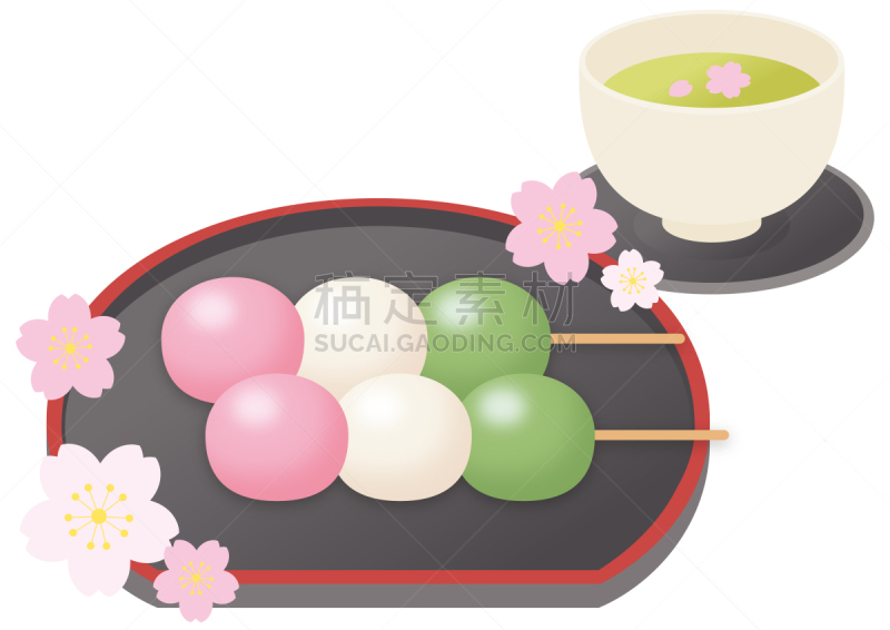 日本,餐具,黑色,樱花,盘子,绿茶,彩色图片,团子,三个物体,布置