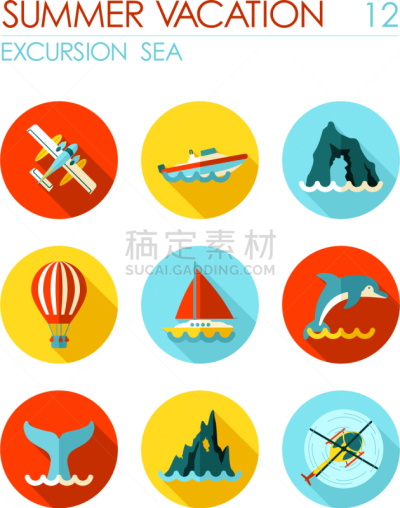 海洋,夏天,平坦的,图标集,旅途,水上飞机,帆,游艇,度假,休闲