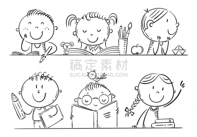 卡通,未成年学生,儿童,书桌,绘画插图,教室,轮廓,可爱的,坐,小学