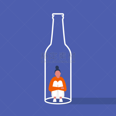 瓶子,捕获的,性格,矢量,绘画插图,平坦的,里面,青年人,酗酒
