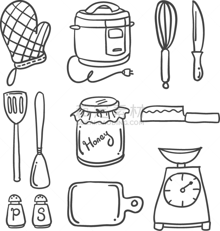 乱画,厨房,银餐具,饮料,可爱的,咖啡,食品,绘制,收集,烹调