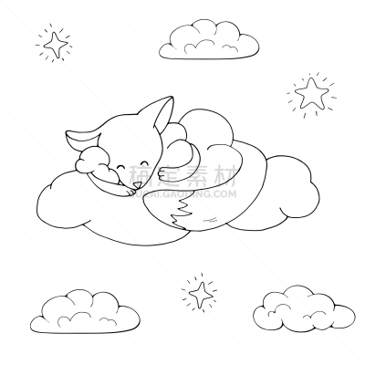 白色,黑色,可爱的,绘画插图,矢量,狐狸,云,卡通,彩色书,睡觉