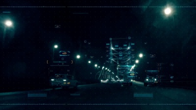   HUD平视显示界面上的动画与高速公路鸟瞰，用于未来的网络技术概念