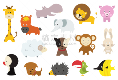 可爱的,标签,卡通,野外动物,家畜,猴子,野生动物,狮子,象,猪