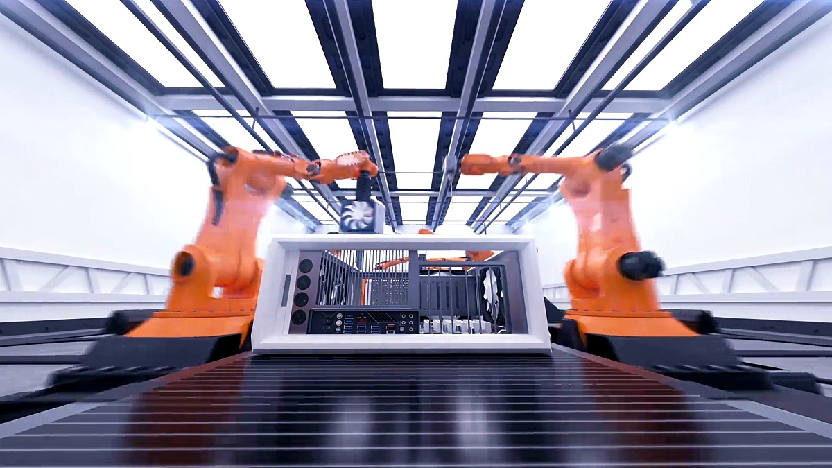 漂亮的机械臂在传送带上组装计算机机箱。未来先进的自动化过程。3D动画。商业，工业和技术概念。
