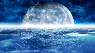 现实的暴风雨的海在夜晚与月亮，抽象的循环背景
