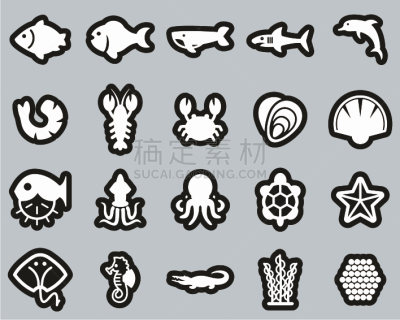 标签,海产,海洋生命,计算机图标,白色,巨大的,黑色背景,背景分离,简单,细的