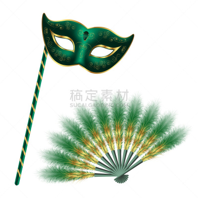 扇子,威尼斯面具,黄金,翎毛,绿色,装饰品,分离着色,化妆舞会服,白色背景