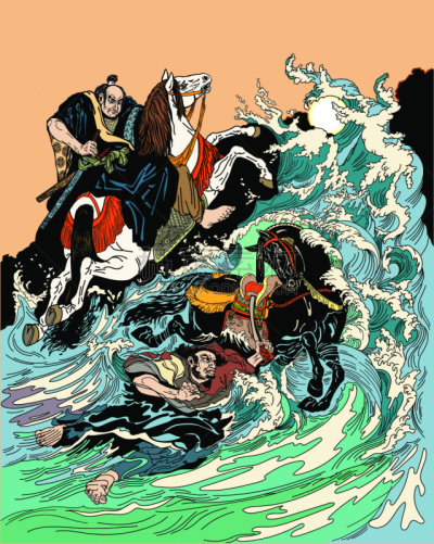 日本武士,暴风雨,海洋,横越,两只动物,骑军,环境,自然神力,小马,海浪