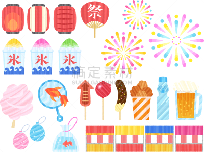 传统节日,绘画插图,时尚,条纹,便装和服,机会,刨冰,日本灯笼,色彩鲜艳,快餐车