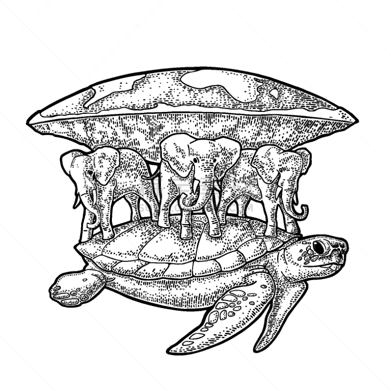 雕刻图像,拿着,象,地球,龟,哲学家,白色,黑色,概念,复古