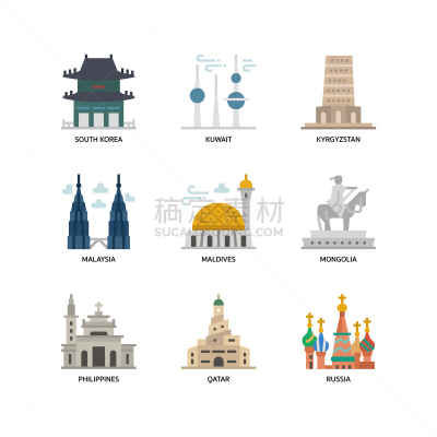 亚洲,著名景点,国际著名景点,大城市,科威特,图像,韩国,矢量,马尔代夫,菲律宾