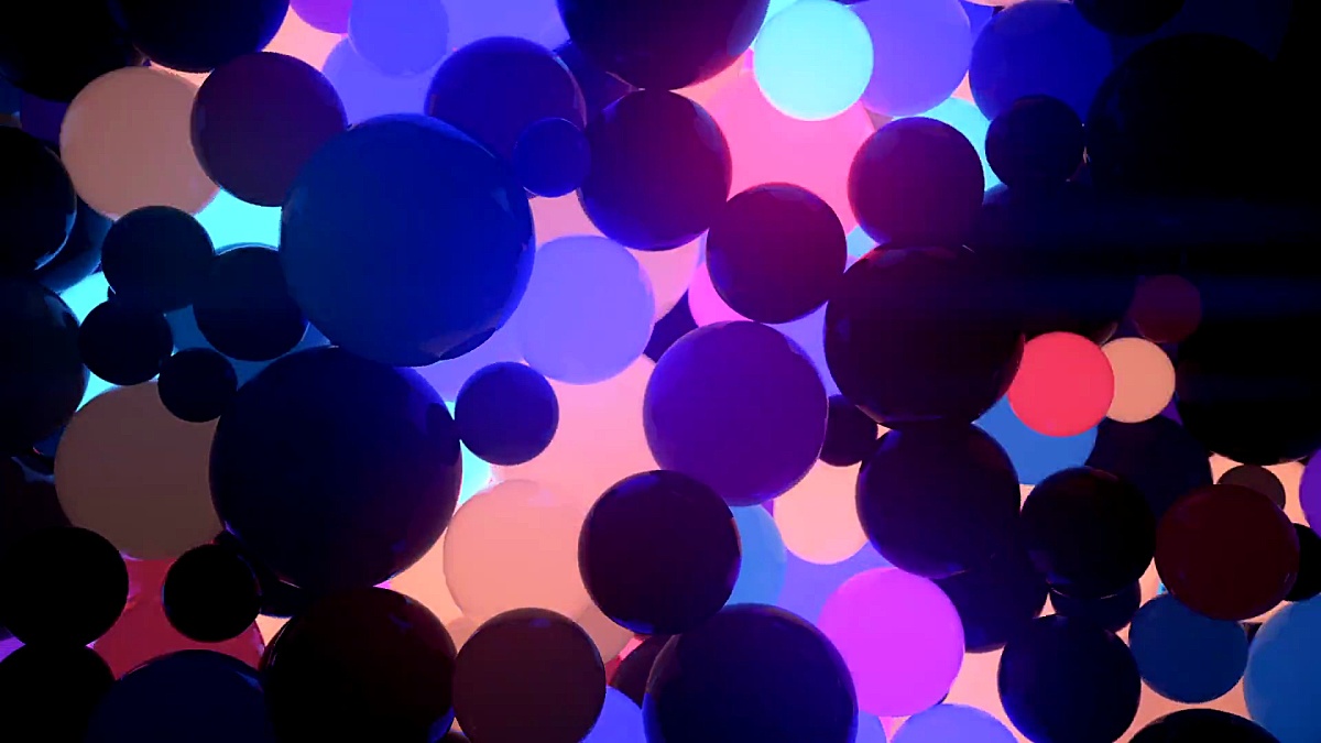 黑色背景上的彩色发光球体。数字动画3D渲染
