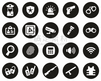 计算机图标,扁平化设计,设备用品,白色,圆形,安防系统,巨大的,黑色背景,手电筒,防弹背心