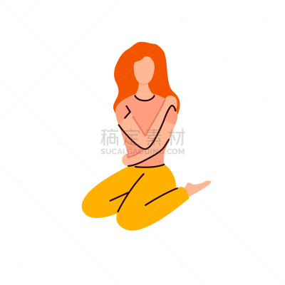卡通,女性,性格,悲哀,沮丧,坐在地上,分离着色,青年女人,压力,抱