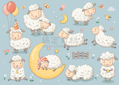 可爱的,绵羊,就寝时间,无忧无虑,小的,热气球,柔和色,动物,春天,虚拟角色