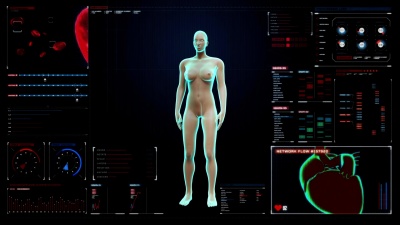 女性身体扫描心脏。数字显示人体心血管系统。