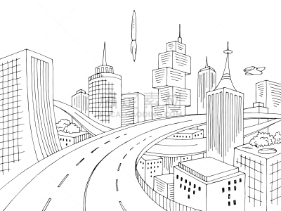 草图,绘画插图,城市,未来,都市风景,城市天际线,白色,矢量,黑色,插画