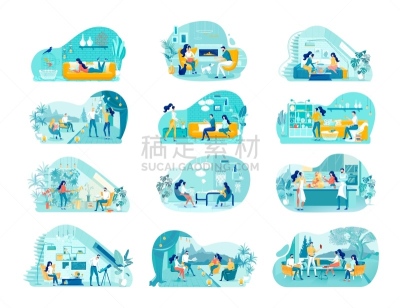 绘画插图,家畜,矢量,公寓,背景分离,环境,简单,天气,女人,动物群