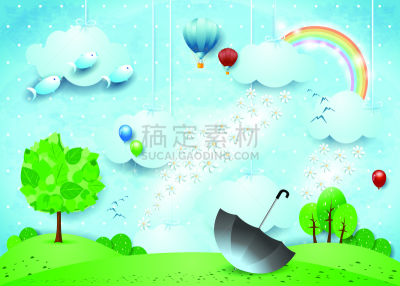 雨,宏伟,伞,地形,超现实主义的,飘然,环境,云,飞鱼,天气