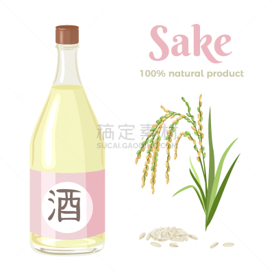 含酒精饮料,米,中国米酒,瓶子,尖的,绘画插图,卡通,日本,扁平化设计,日本青酒