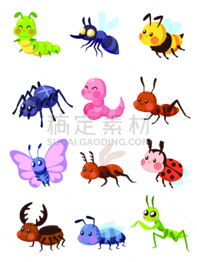 可爱的,毛虫,蚂蚁,蚊子,蜘蛛,螳螂,卡通,两翼昆虫,蚱蜢,瓢虫