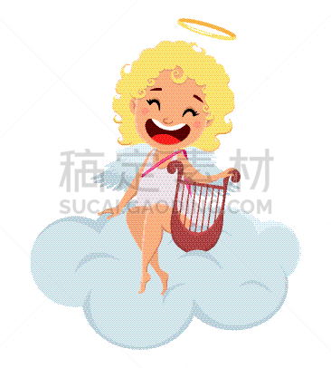 云,丘比特,竖琴,拿着,儿童,婴儿,女孩,白昼,白色背景,坐