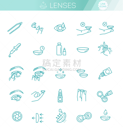 图标集,隐形眼镜,扁平化设计,线条,纯净,医药职业,药,技术,粉底,细的