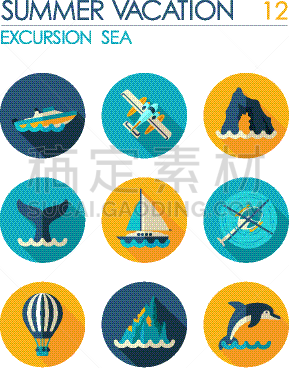 海洋,夏天,图标集,平坦的,旅途,水上飞机,帆,游艇,度假,休闲