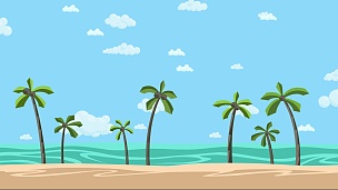 阳光灿烂的海滩，棕榈树和云层的天空。动画背景。平面动画。